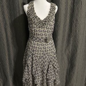 dressbarn Black and Cream Leaf Print Midi Dress